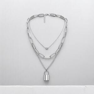 NEW 18K White gold plated  layered lock heart chain necklace jewelry B21